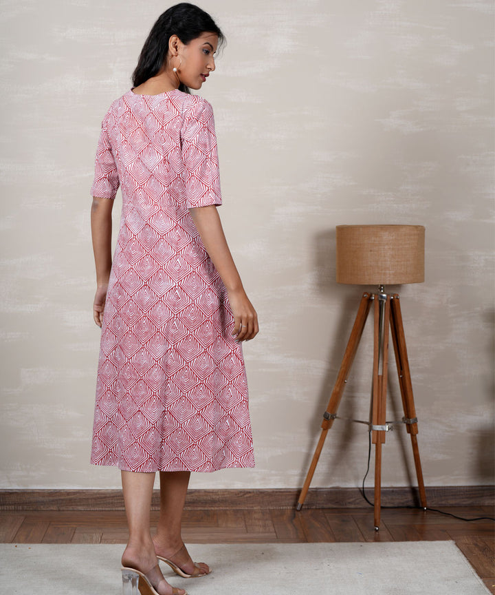 White pink handblock printed cotton dress
