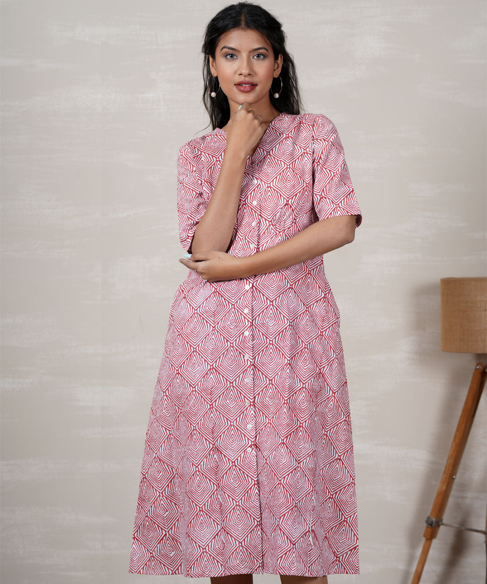 White pink handblock printed cotton dress