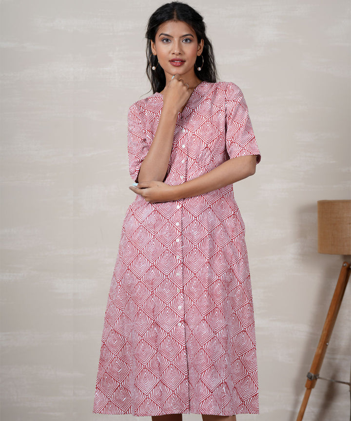 White pink handblock printed cotton dress