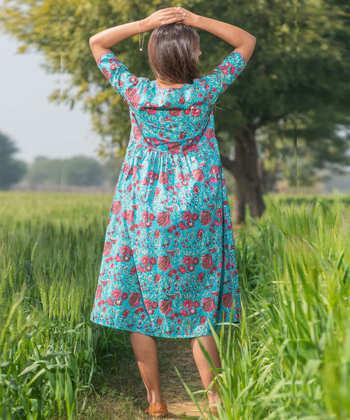Green handblock printed cotton dress