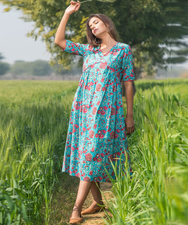 Green handblock printed cotton dress