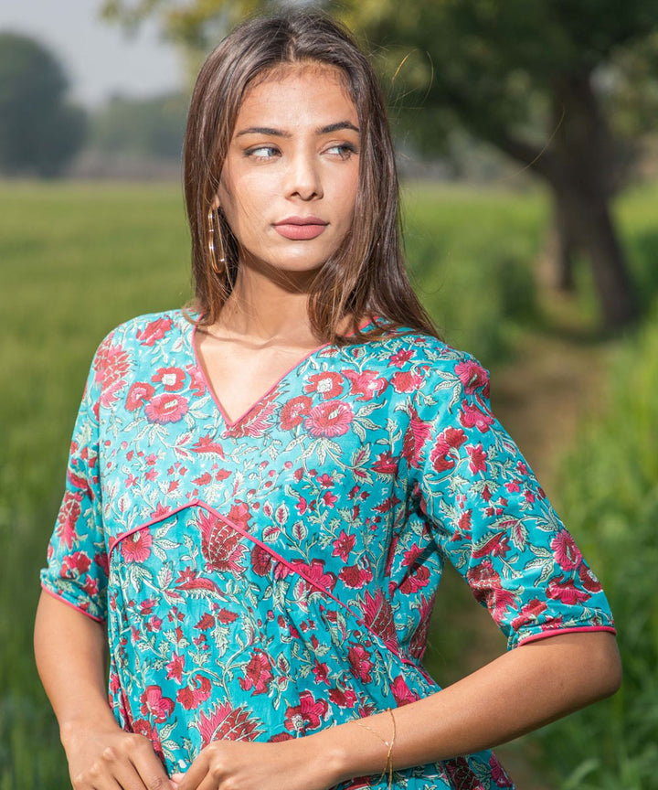 Green handblock printed cotton dress