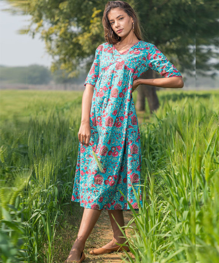 Green handblock printed cotton dress