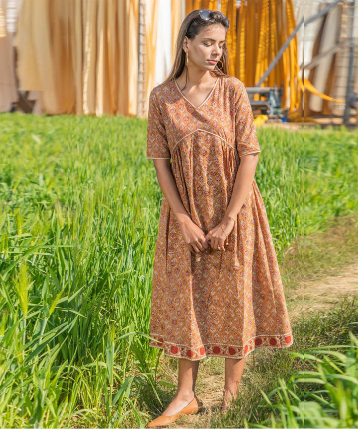 Brown handblock printed cotton dress