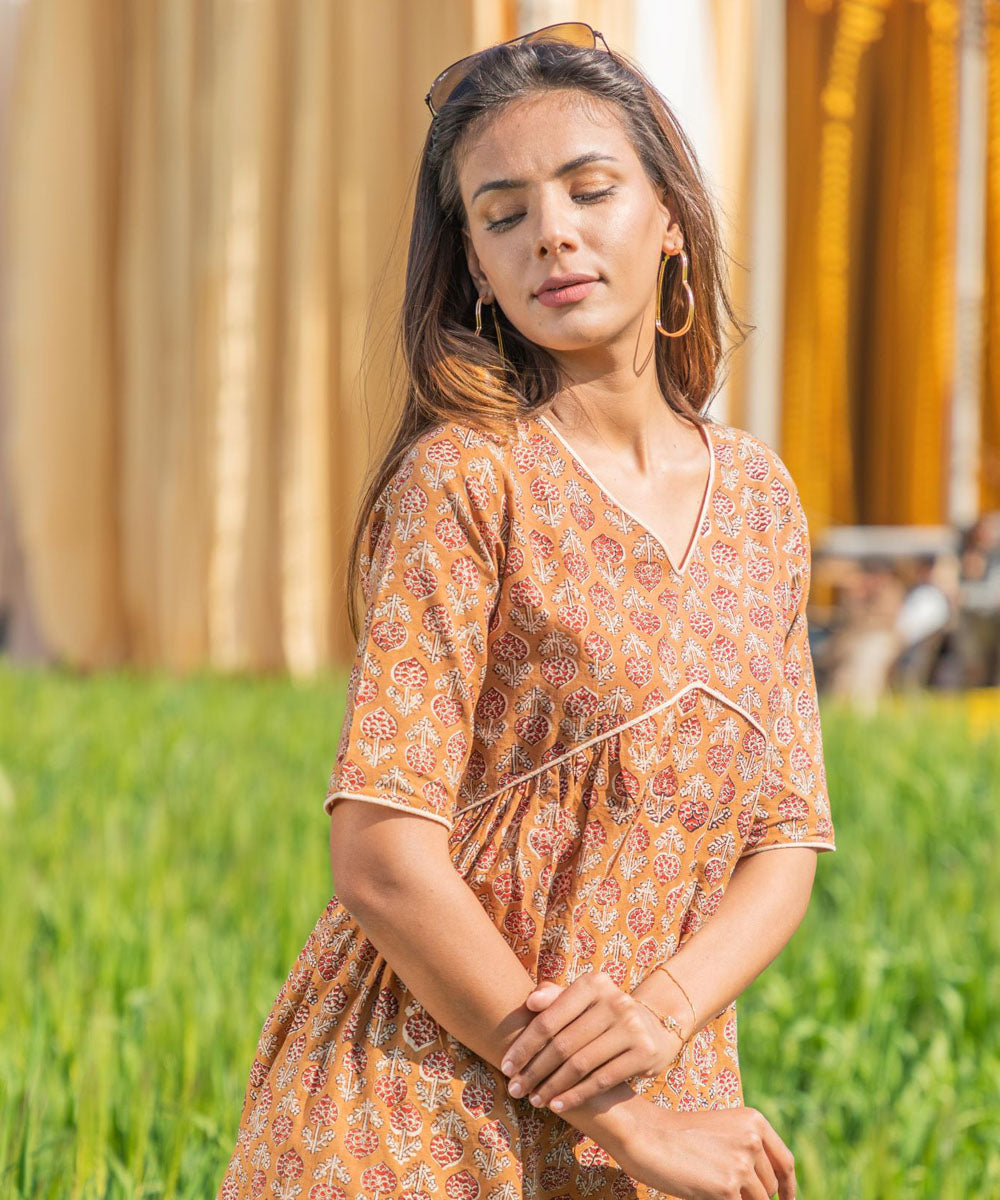 Brown handblock printed cotton dress