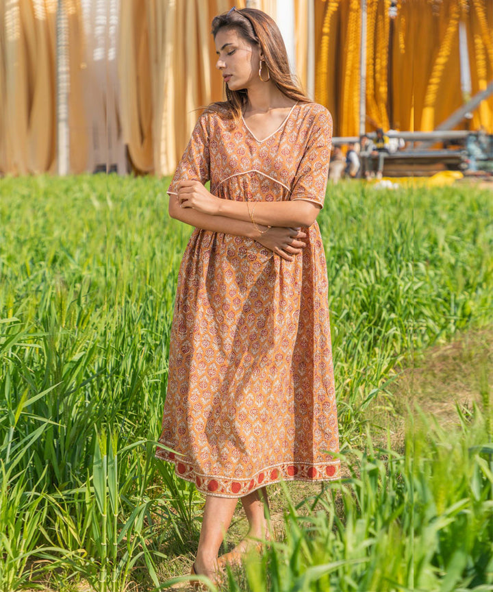 Brown handblock printed cotton dress