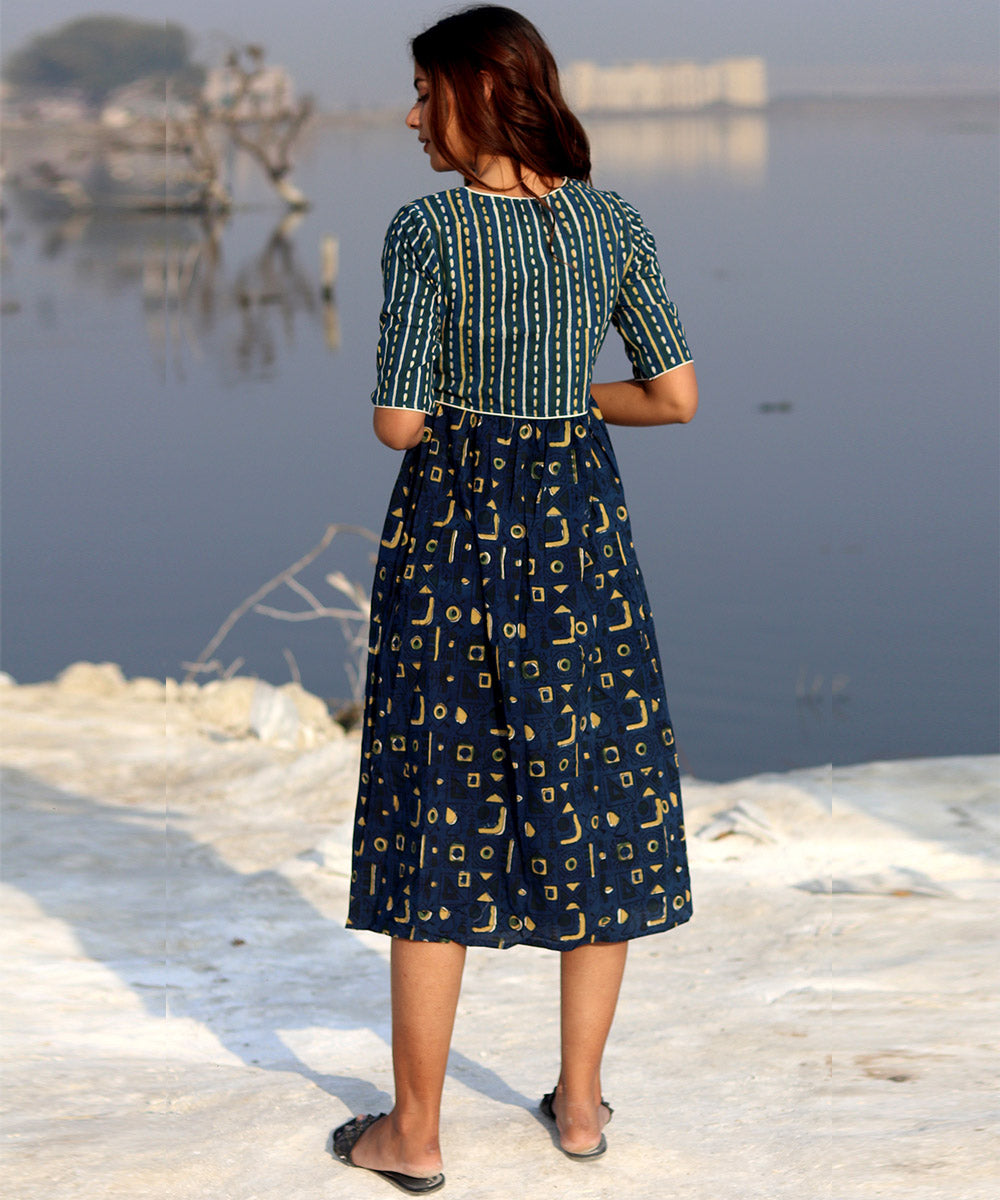 Blue small handblock printed cotton dress