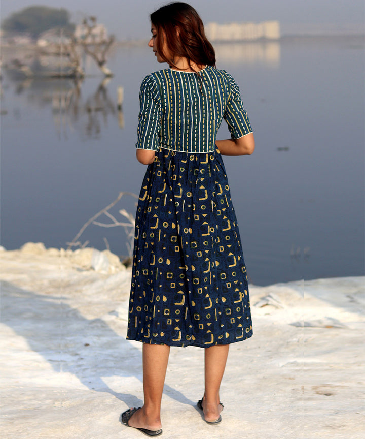 Blue small handblock printed cotton dress