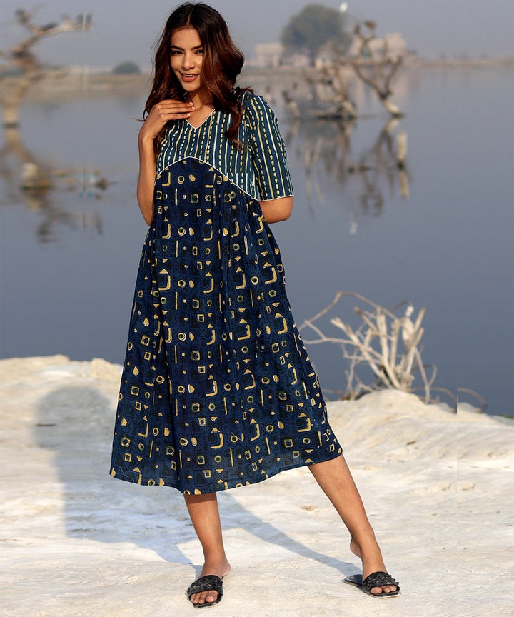 Blue small handblock printed cotton dress