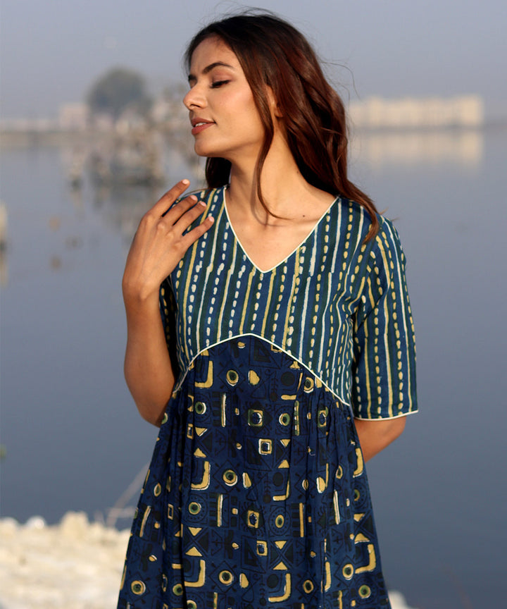 Blue small handblock printed cotton dress
