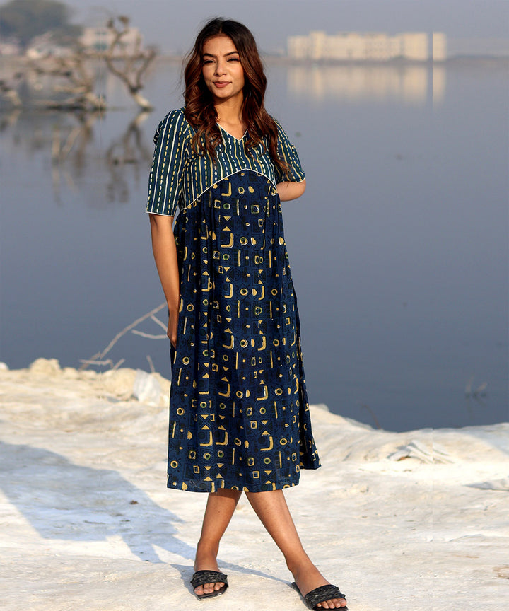 Blue small handblock printed cotton dress