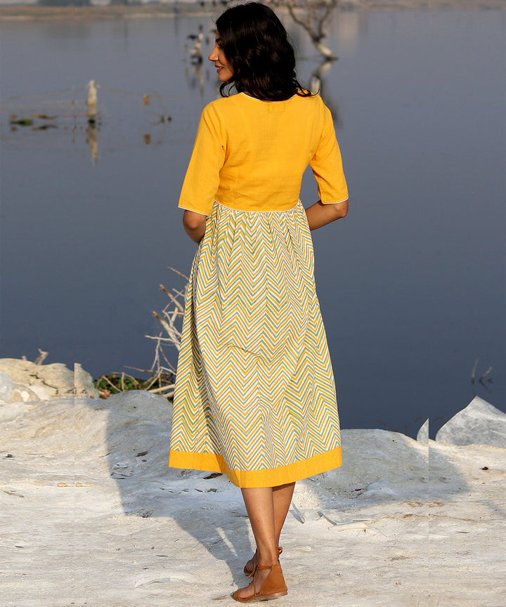 Mustard zigzag block printed cotton dress