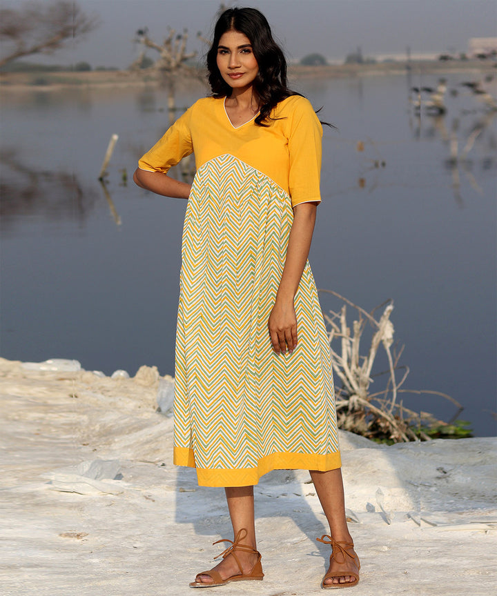 Mustard zigzag block printed cotton dress