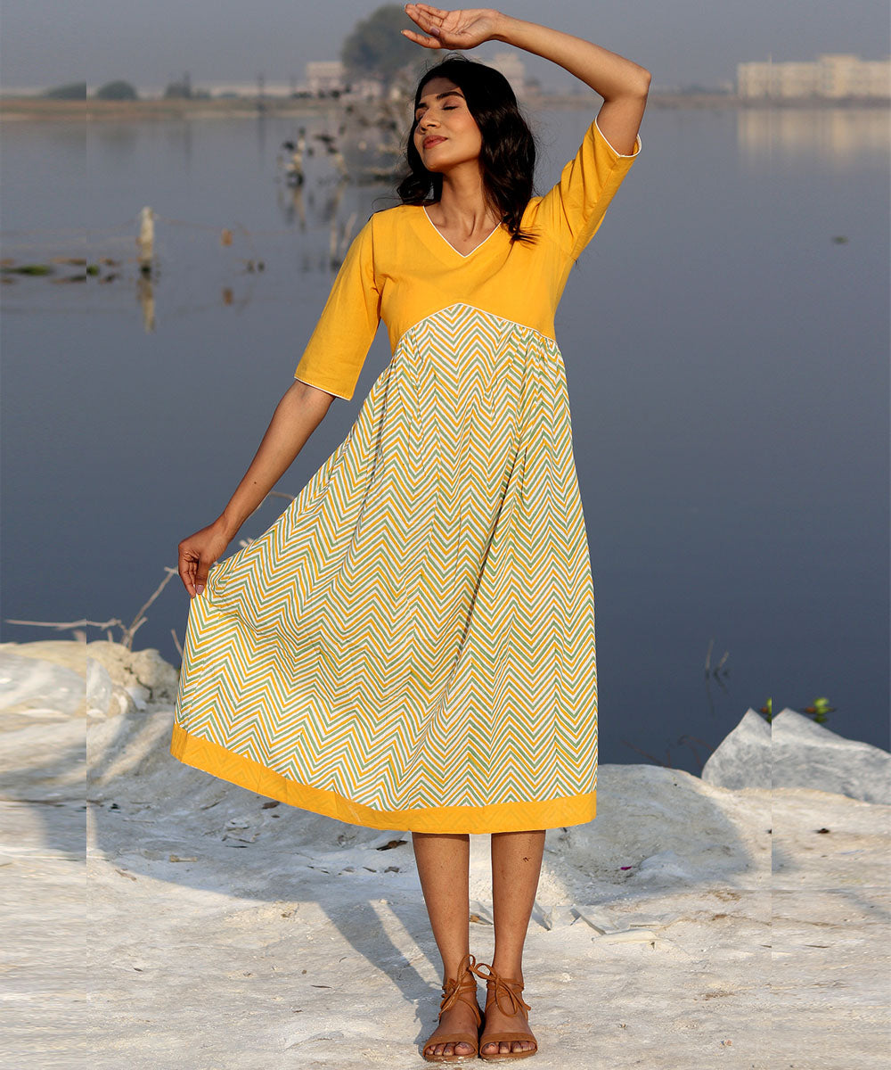 Mustard zigzag block printed cotton dress