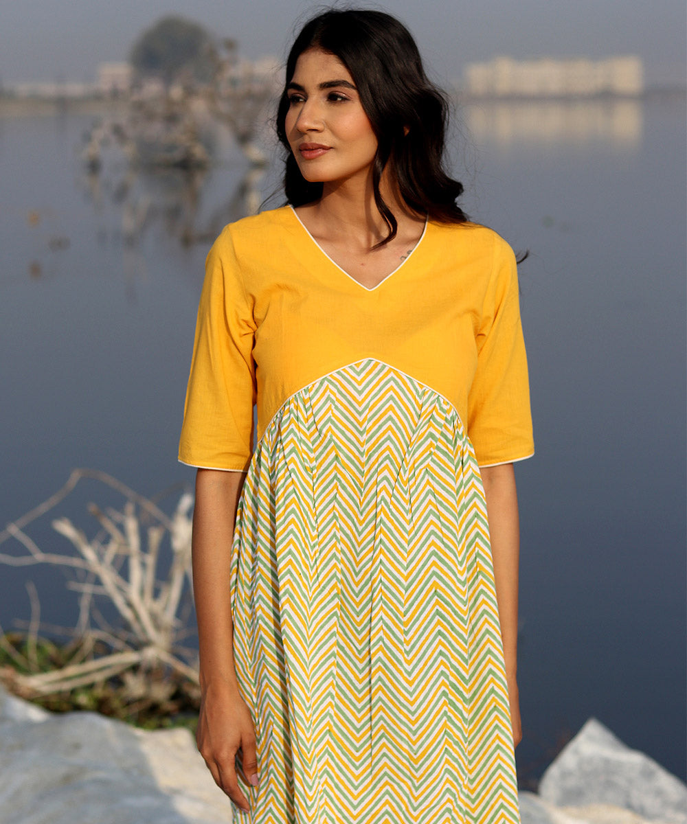 Mustard zigzag block printed cotton dress