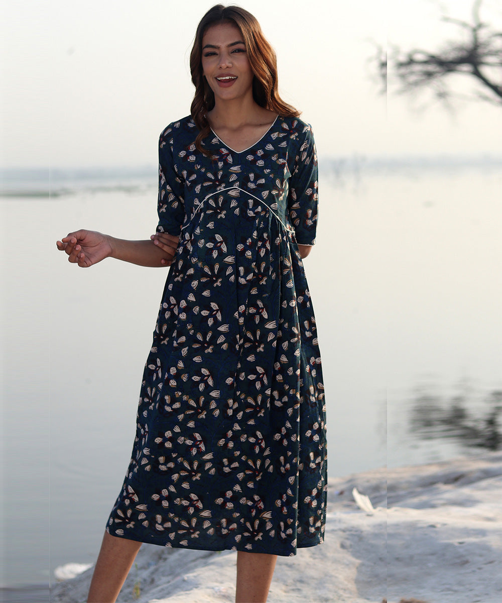 Blue block printed cotton dress