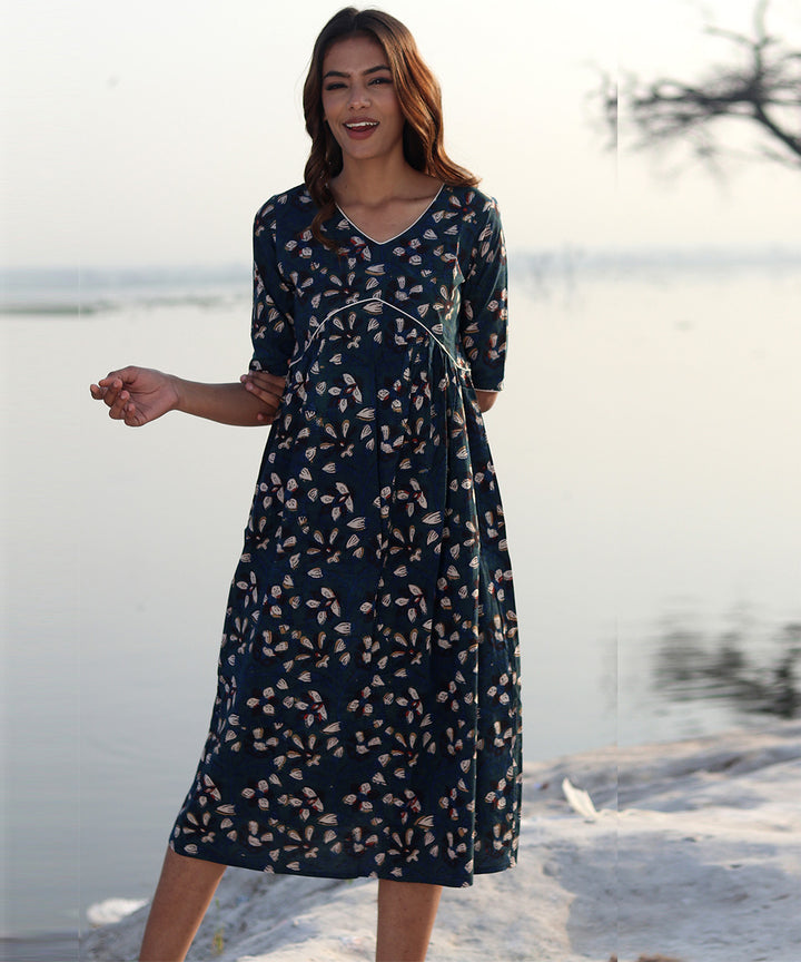Blue block printed cotton dress