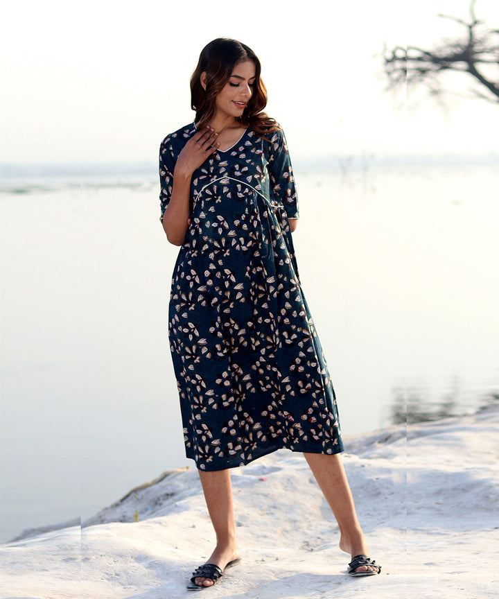 Blue block printed cotton dress