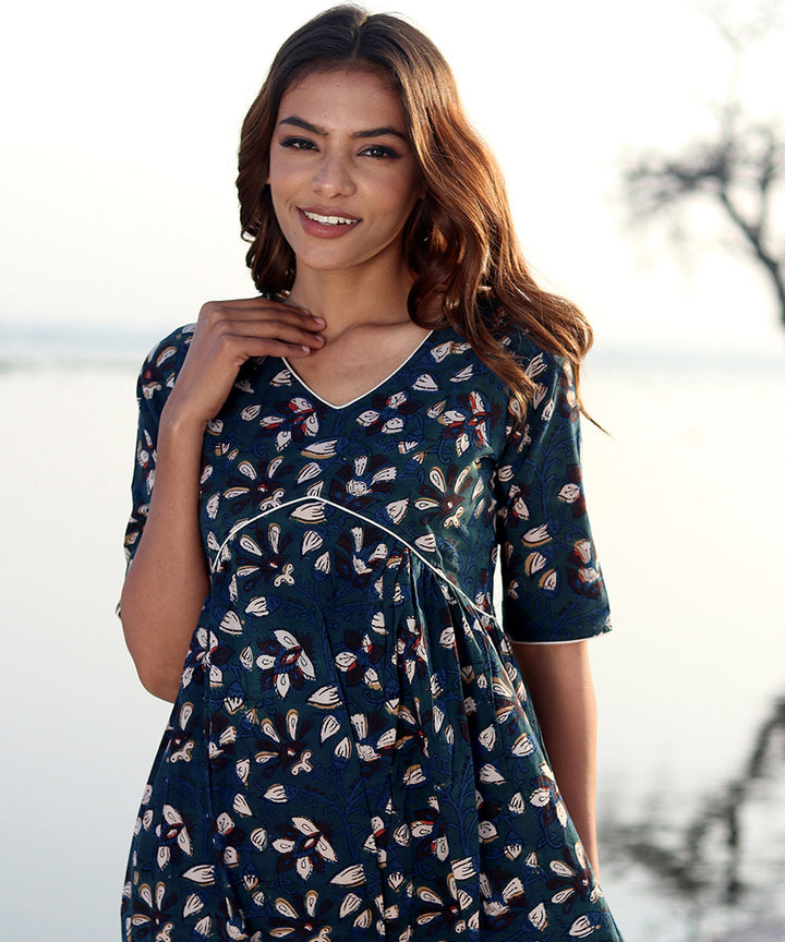 Blue block printed cotton dress
