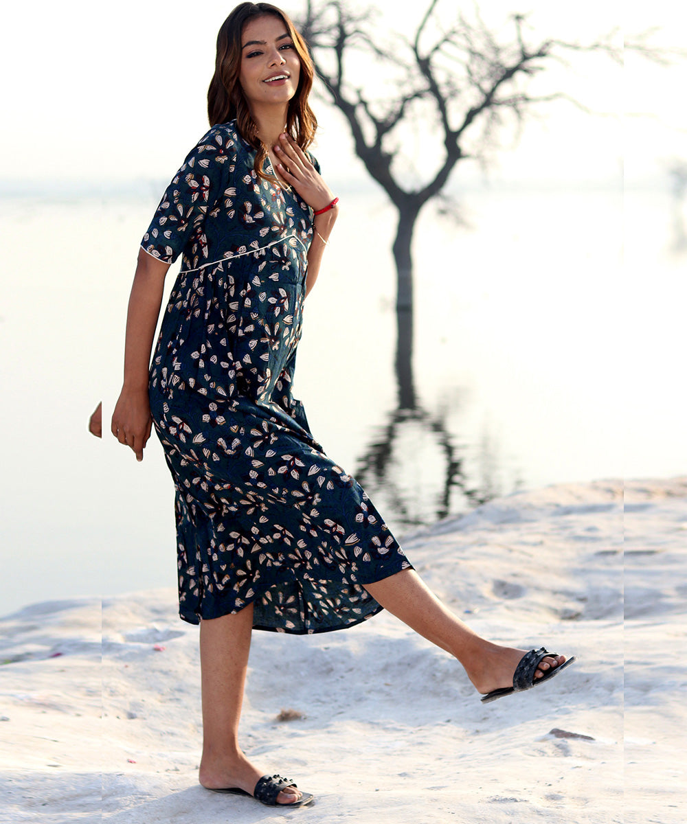 Blue block printed cotton dress