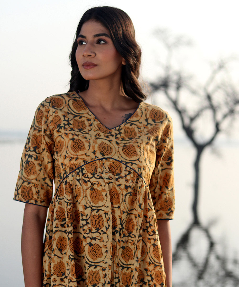Mustard block printed cotton dress