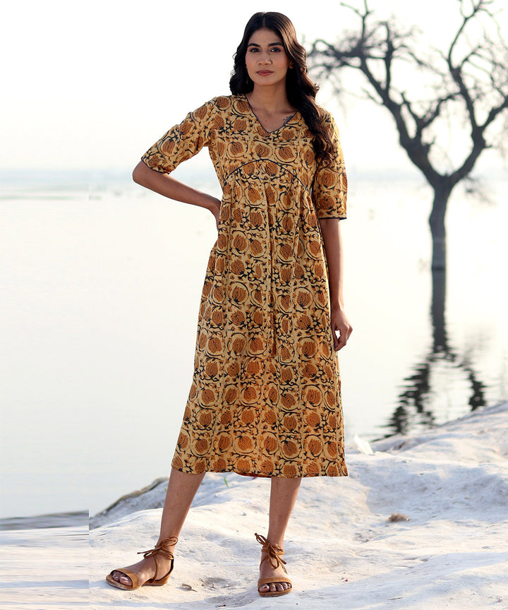 Mustard block printed cotton dress