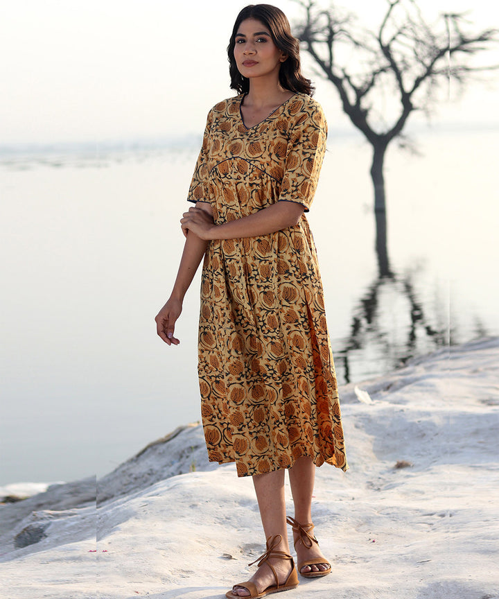 Mustard block printed cotton dress