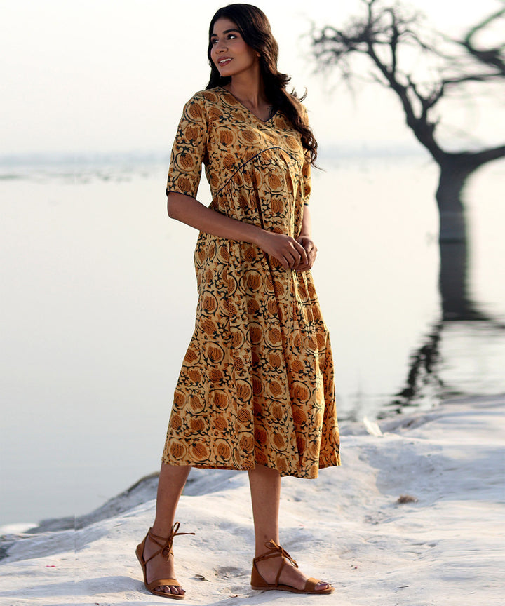 Mustard block printed cotton dress