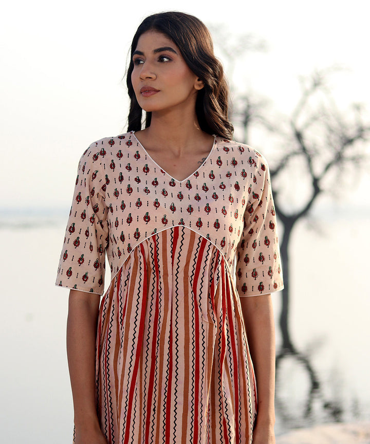 Beige hand block printed cotton dress