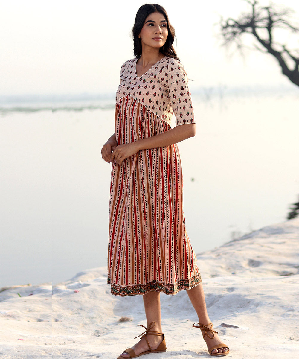 Beige hand block printed cotton dress