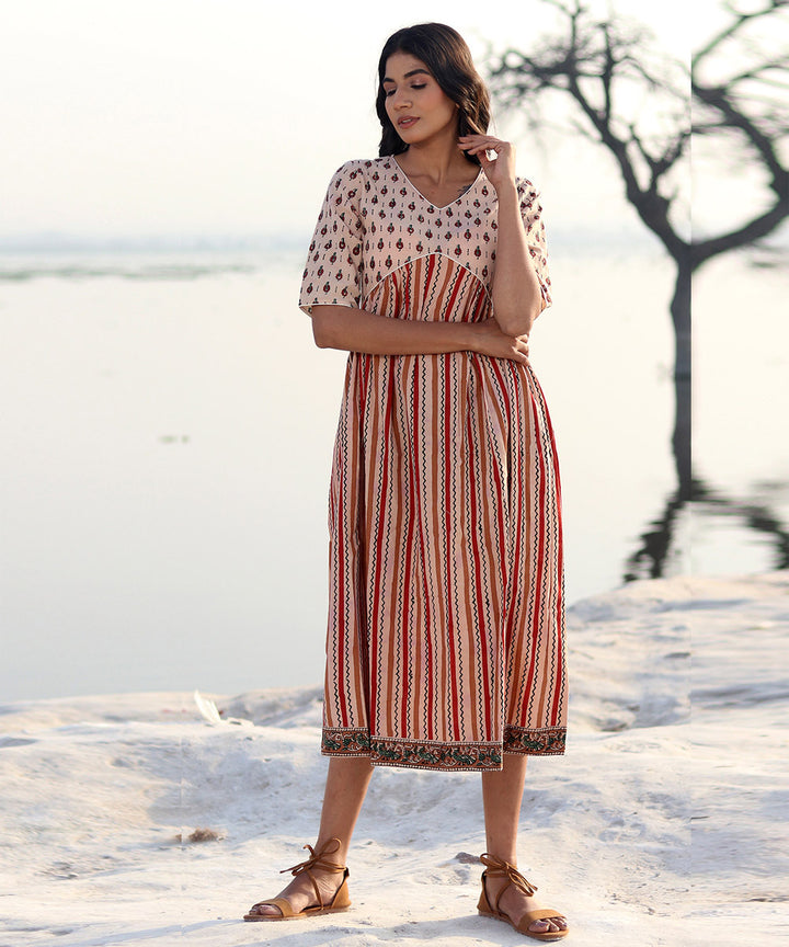 Beige hand block printed cotton dress