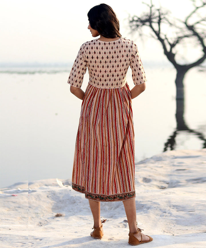 Beige hand block printed cotton dress