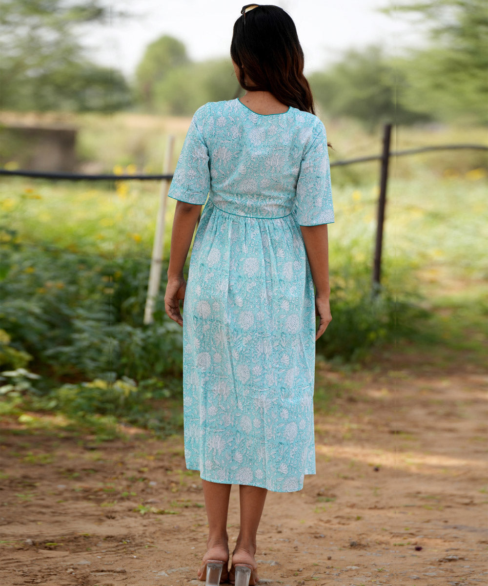 Floral blue hand block printed cotton dress