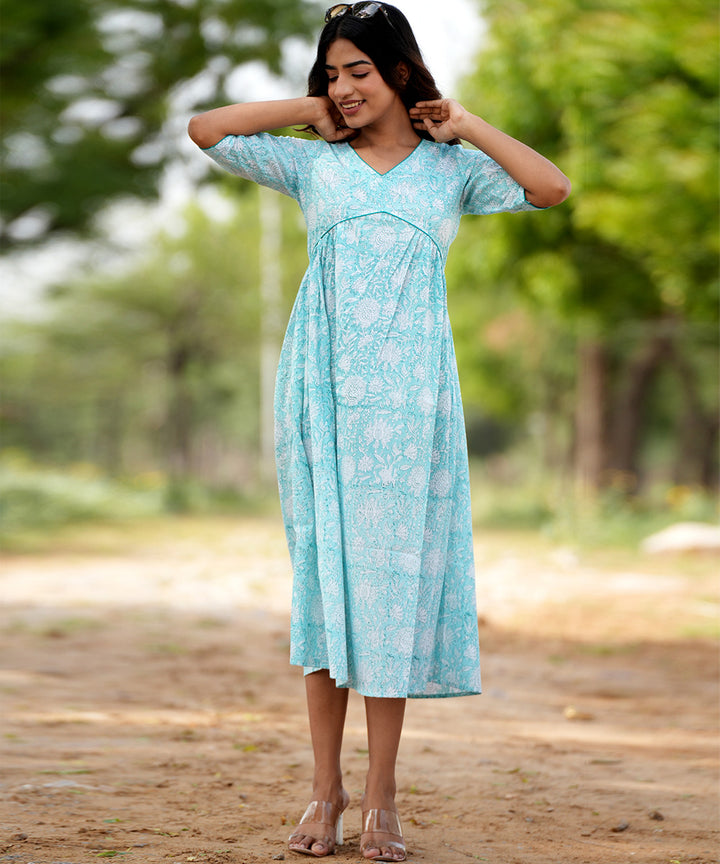 Floral blue hand block printed cotton dress