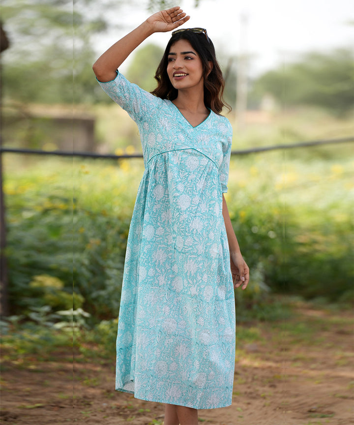 Floral blue hand block printed cotton dress