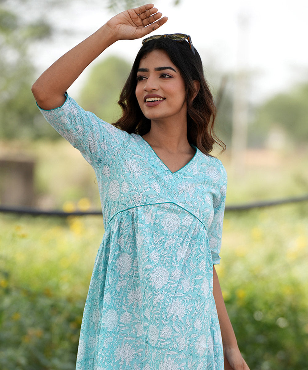 Floral blue hand block printed cotton dress