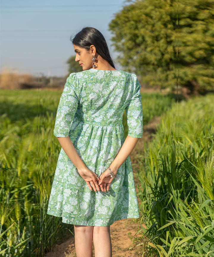 Green hand block printed cotton dress
