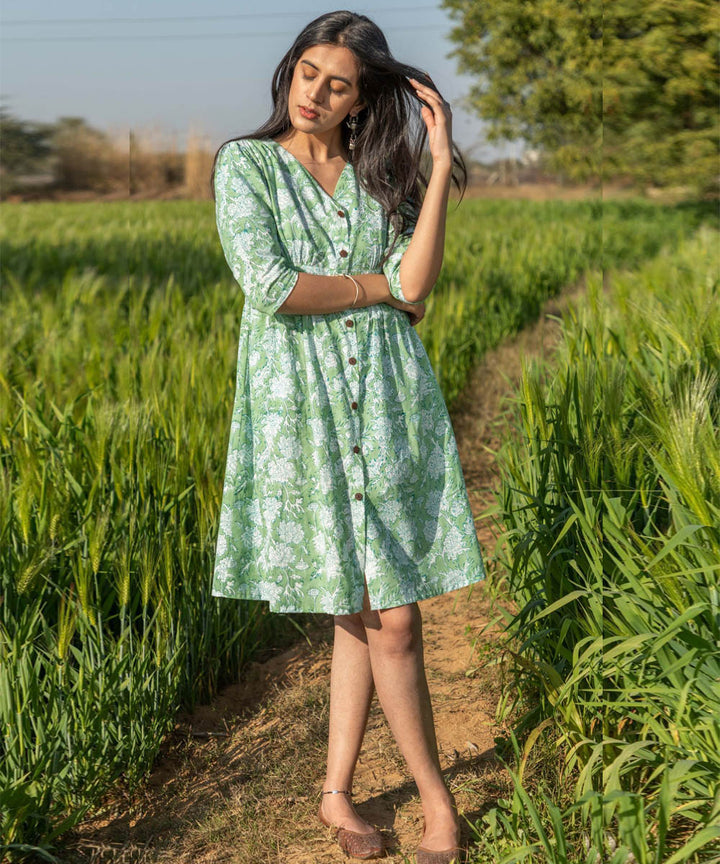 Green hand block printed cotton dress
