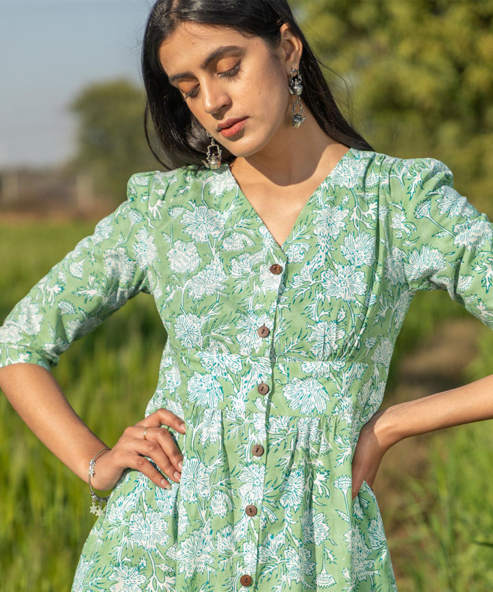 Green hand block printed cotton dress