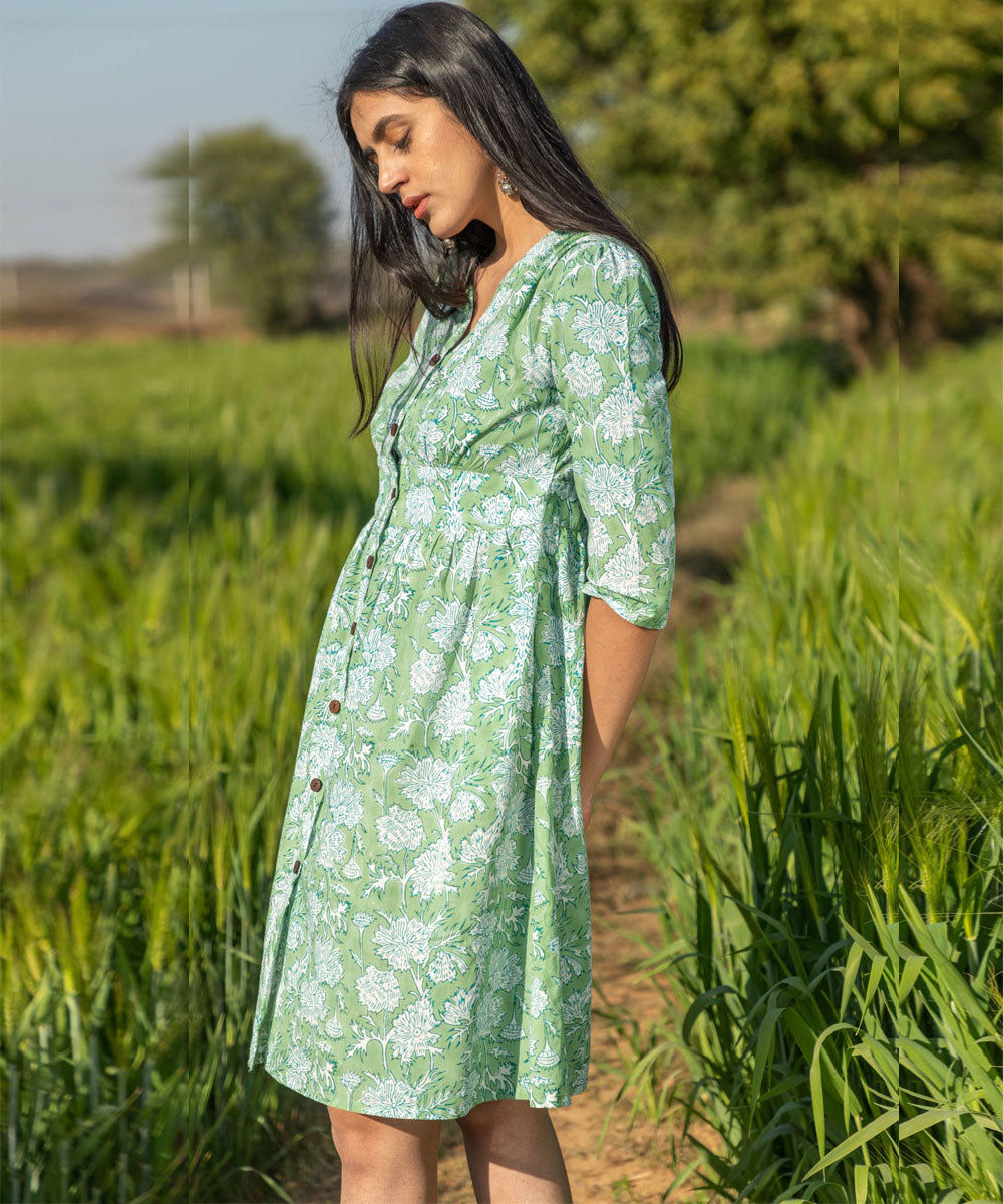 Green hand block printed cotton dress