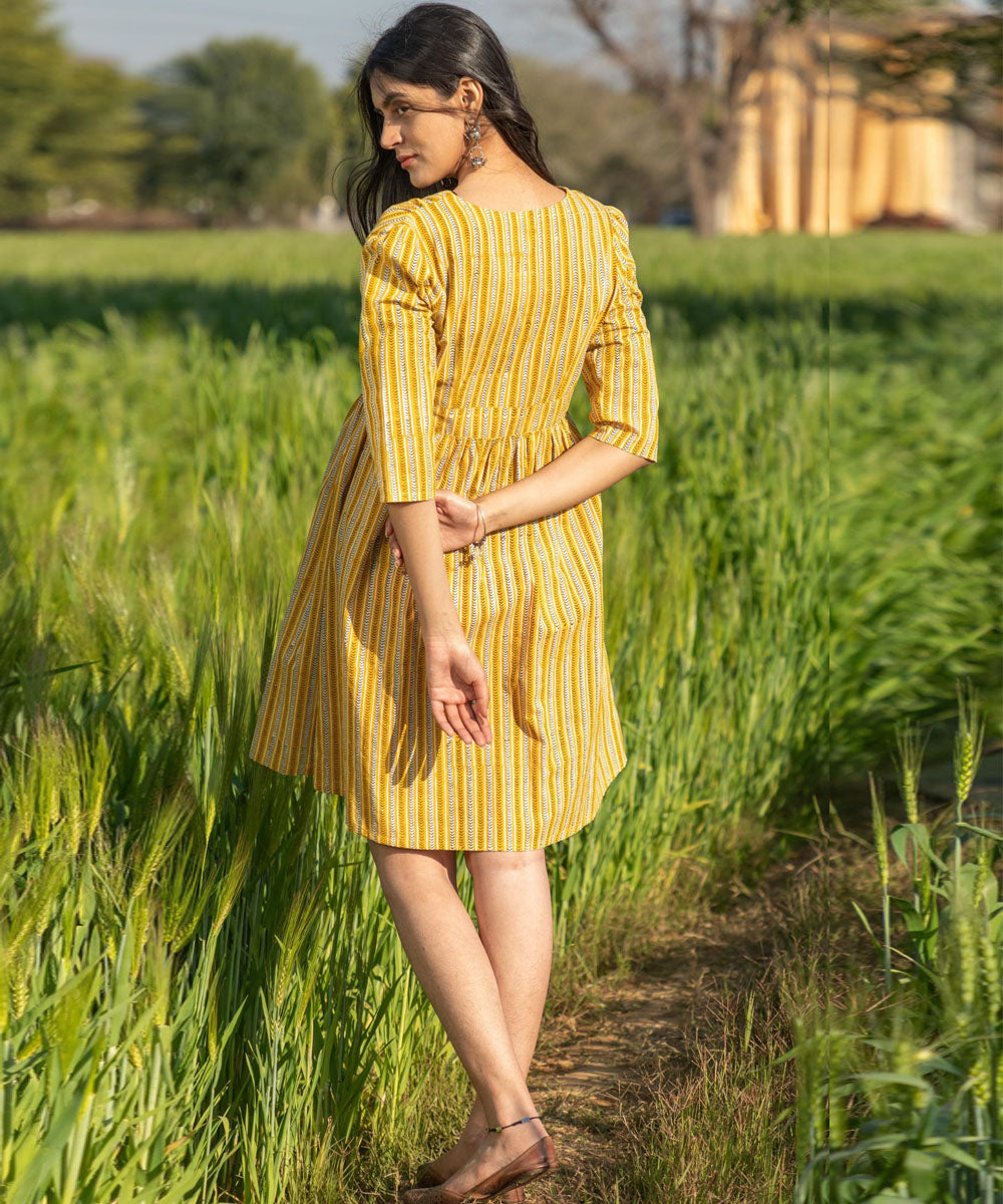 Yellow handblock printed cotton dress