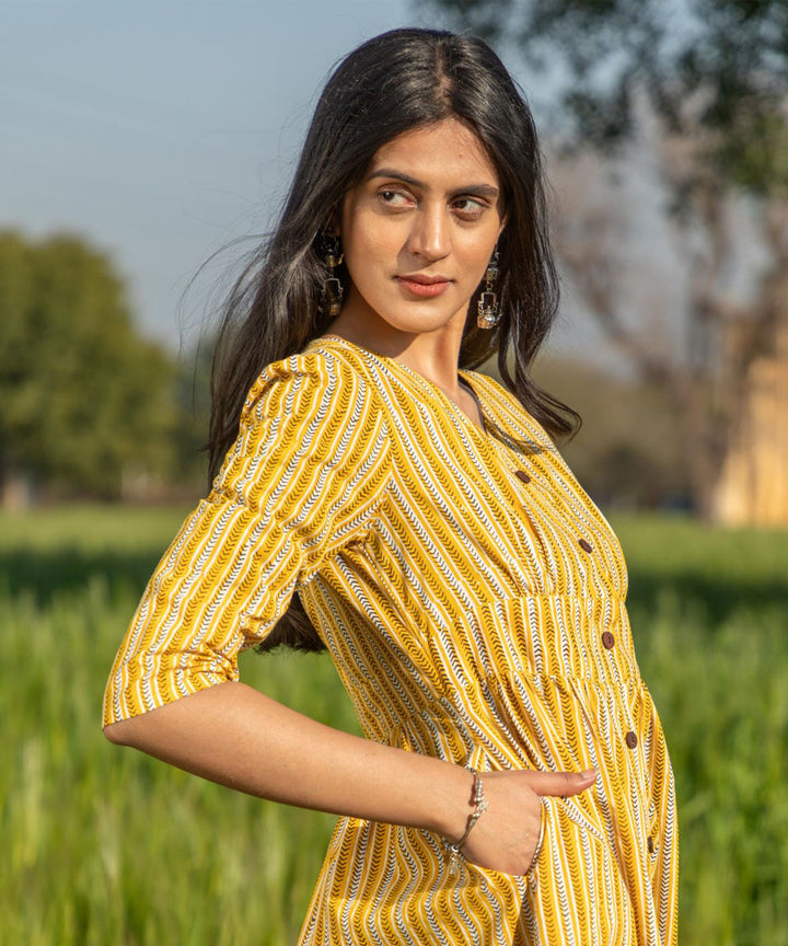 Yellow handblock printed cotton dress