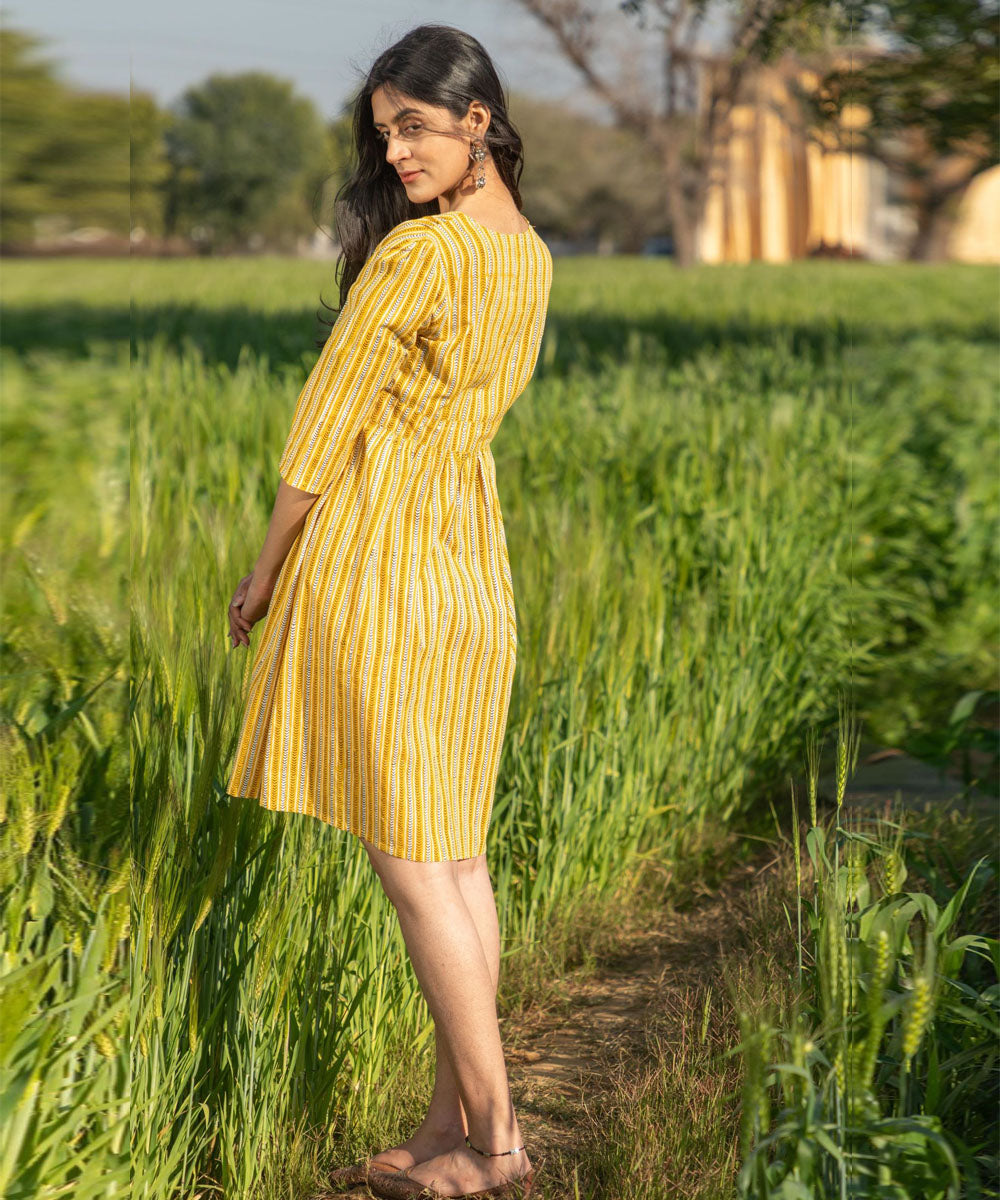 Yellow handblock printed cotton dress