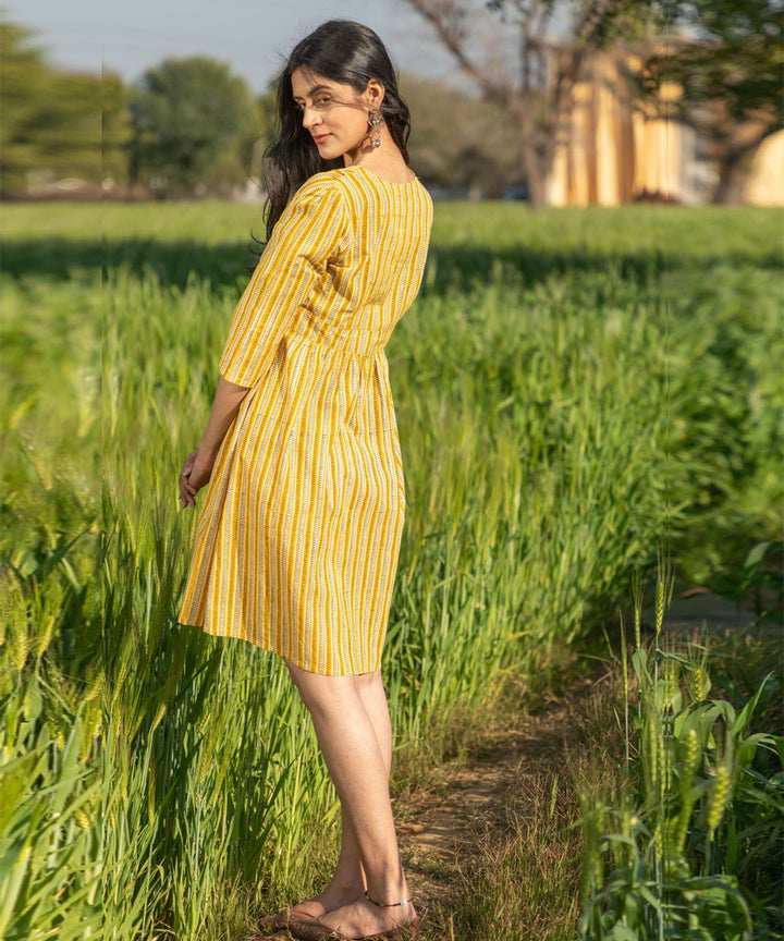 Yellow handblock printed cotton dress
