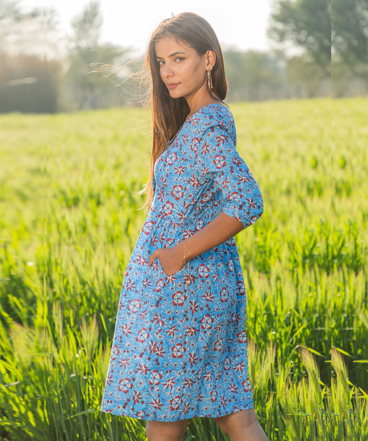 Floral blue small hand block printed cotton dress