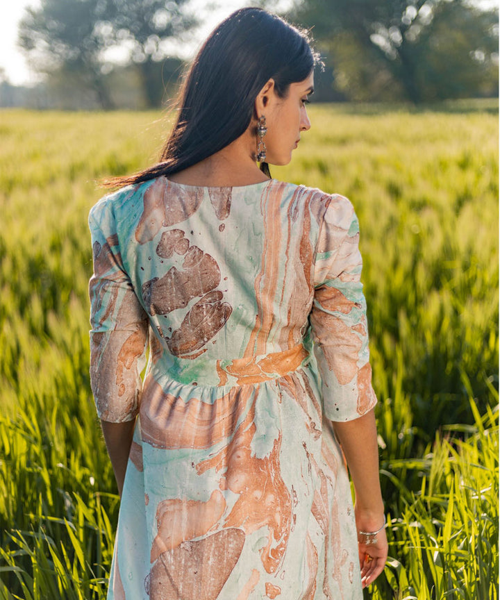 Green hand block marble printed cotton dress