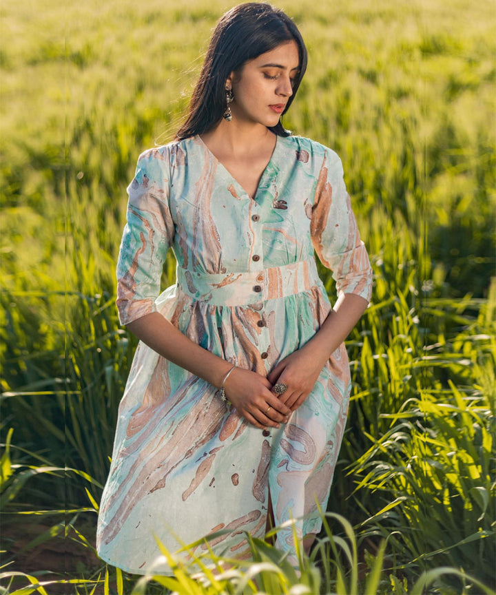 Green hand block marble printed cotton dress