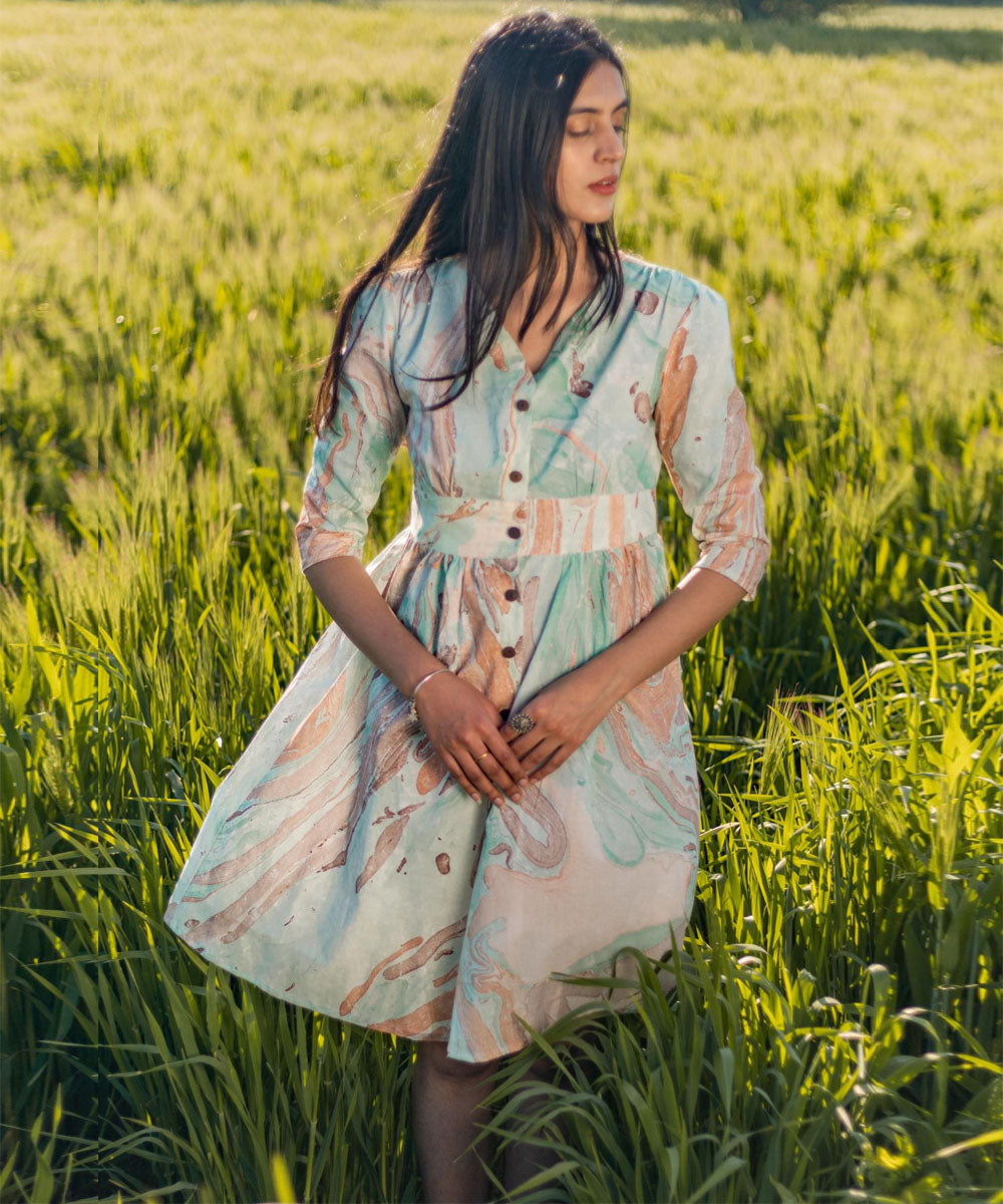 Green hand block marble printed cotton dress