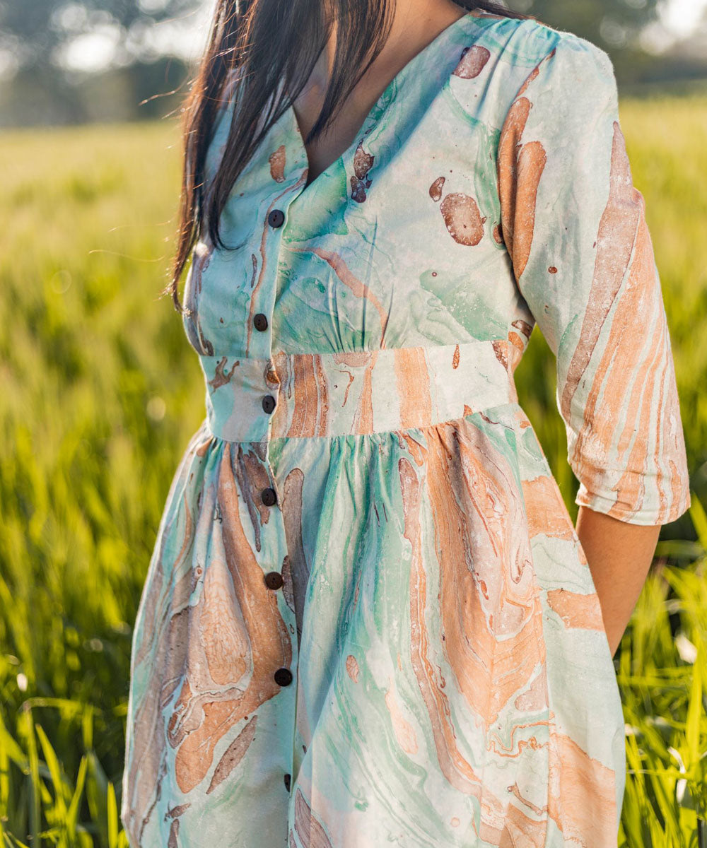 Green hand block marble printed cotton dress