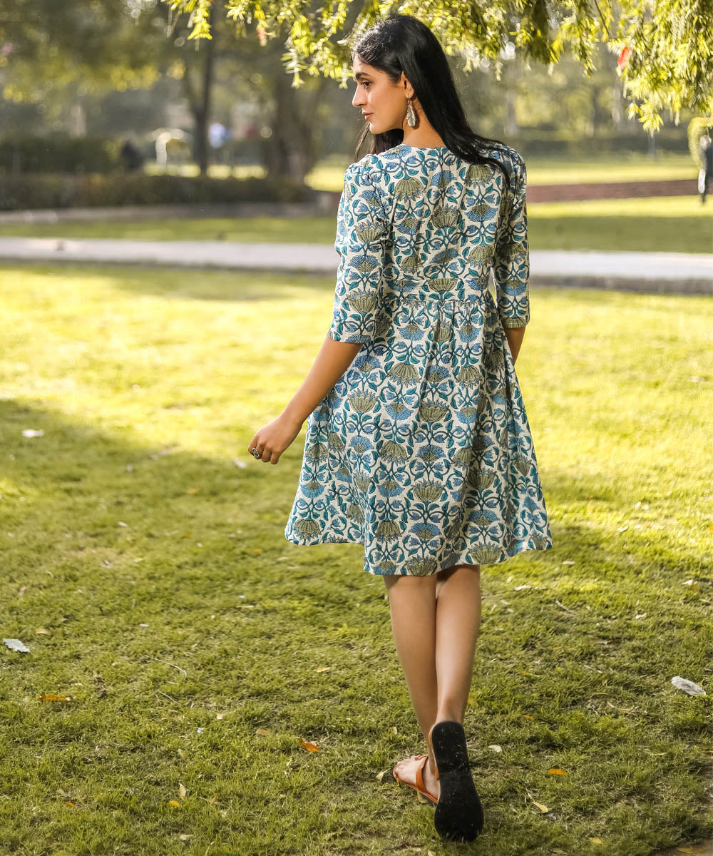 Green handblock floral printed cotton dress